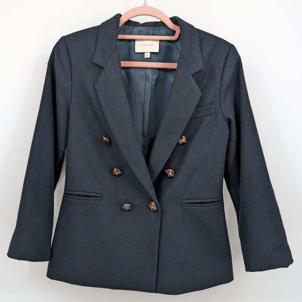 Lily & Jae Navy Blue Blazer Wool Jacket Double Breasted Leather Buttons Size S